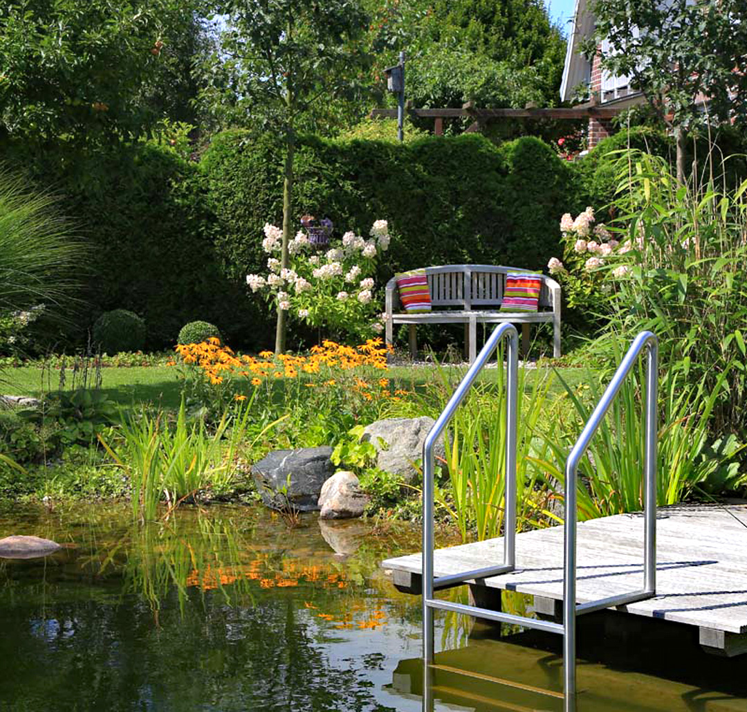 Schwimmteich mit Steg als Swimmingpool im Garten Ein Schwimmteich als natürlicher Swimmingpool im Garten mit Steg und Gartenbank im Hintergrund, umgeben von ausgewählten Pflanzen und Blumen.